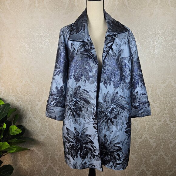 Chico’s Size 2 (12/14) Blue Jacquard Metallic Open Front Long Jacket Rolled Cuff - Picture 1 of 13